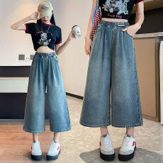 批发实拍 复古牛仔裤<b class='q'>七分</b>裤宽松紧高腰直筒阔腿显瘦加肥大码女装230斤