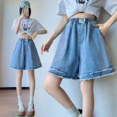 批发实拍 a字牛仔短裤女宽松高腰阔腿毛边遮肉<b class='q'>显瘦</b>大码女装胖mm230斤