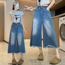 批发实拍 牛仔裤<b class='q'>七分</b>裤毛边直筒阔腿显瘦宽松紧高腰百搭大码女装230斤