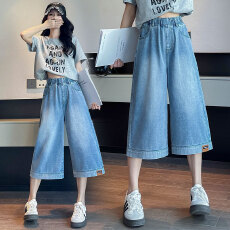 批发实拍 牛仔<b class='q'>七分</b>裤宽松紧高腰直筒阔腿显瘦百搭胖mm加大码女装230斤