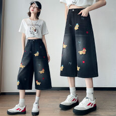 批发实拍 刺绣狗绣花牛仔<b class='q'>七分</b>裤宽松紧高腰直筒阔腿显瘦大码女装230斤