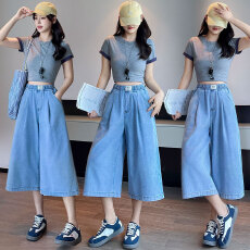 批发实拍 牛仔裤裙裤宽松紧高腰直筒阔腿显瘦<b class='q'>七分</b>裤加肥大码女装230斤