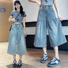 批发实拍 复古牛仔中裤<b class='q'>七分</b>裤阔腿裤裙宽松紧高腰显瘦加大码女装230斤