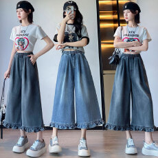 批发实拍 牛仔中裤<b class='q'>七分</b>裤花苞边宽松紧高腰直筒阔腿显瘦大码女装230斤