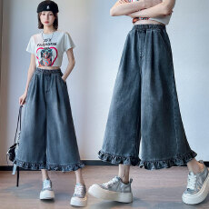 批发实拍 黑色牛仔<b class='q'>七分</b>裤花苞边宽松紧高腰直筒阔腿显瘦大码女装230斤