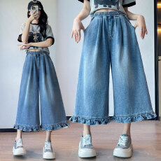 批发实拍 牛仔中裤<b class='q'>七分</b>裤花苞边宽松紧高腰直筒阔腿显瘦大码女装230斤