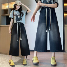 批发实拍 黑色牛仔裤<b class='q'>七分</b>裤宽松紧高腰直筒阔腿显瘦百搭大码女装230斤