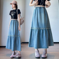 批发实拍 牛仔裙松紧高腰半身裙休闲宽松遮肉显瘦韩版大码女装230斤