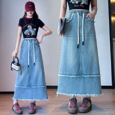 批发实拍 牛仔裙半身裙休闲宽松紧高腰遮肉显瘦百搭韩版大码女装230斤