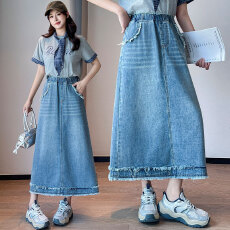 批发实拍 毛边牛仔半身裙休闲宽松紧高腰遮肉显瘦百搭大码女装230斤