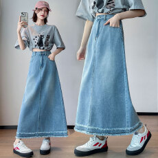 批发实拍 牛仔裙后松紧高腰半身裙休闲宽松遮肉显瘦韩版大码女装230斤