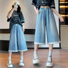 批发实拍 <b class='q'>牛仔裤</b>蕾丝花边七分裤宽松紧高腰直筒阔腿<b class='q'>显瘦</b>大码女装230斤