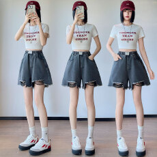 批发实拍 黑色牛仔短裤女宽松高腰阔腿毛边遮肉<b class='q'>显瘦</b>大码女装胖mm230斤