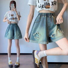 批发实拍 牛仔短裤星星绣花宽松高腰阔腿遮肉<b class='q'>显瘦</b>加大码女装胖mm230斤