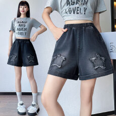 批发实拍 黑色牛仔短裤星星绣花宽松高腰阔腿<b class='q'>显瘦</b>加大码女装胖mm230斤