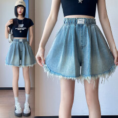 批发实拍 a字毛边牛仔短裤宽松高腰阔腿遮肉<b class='q'>显瘦</b>加大码女装胖mm230斤