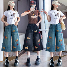 批发实拍 狗狗绣花牛仔裤七分宽松高腰直筒阔腿显瘦<b class='q'>加肥</b>大码<b class='q'>女装</b>230斤
