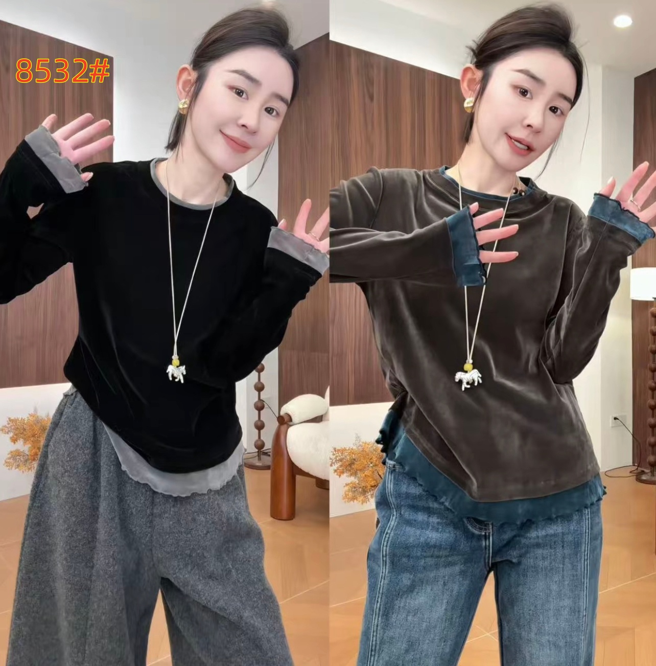 玖 玖 달 2026 이른 봄 새로운 이중층 칼라 벨벳 작은 셔츠 다용도 슬림해 보이는 벨벳 긴팔 티셔츠