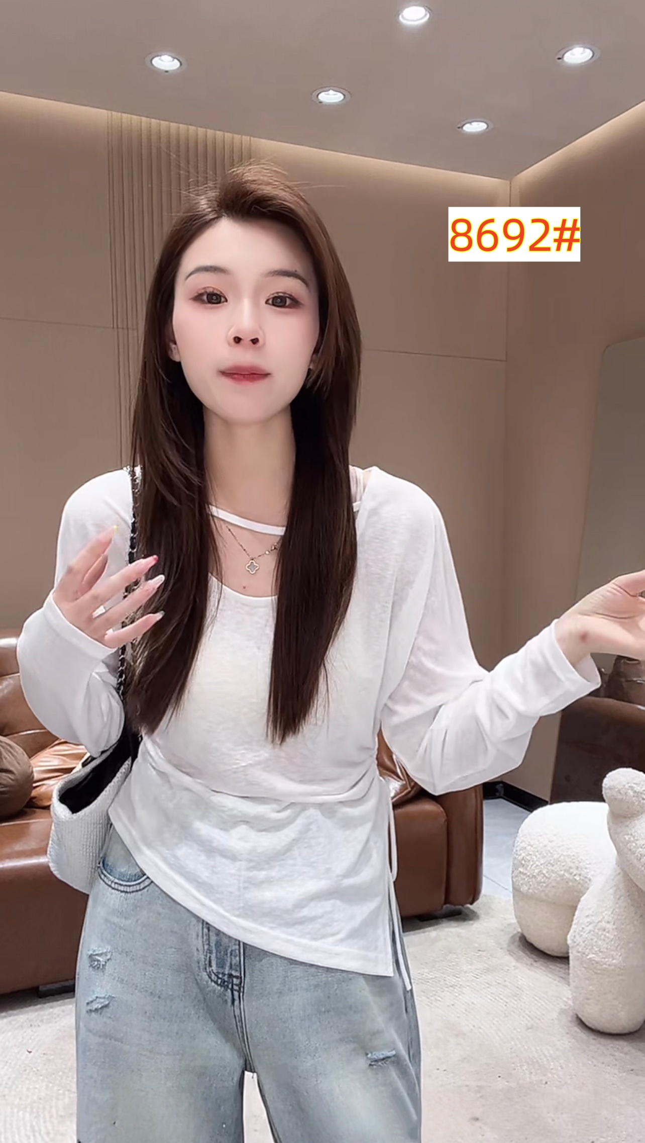 전후 웨어러블 여름 미니멀리즘 단색 다용도 오프숄더 허리 수축 불규칙 긴팔 티셔츠 8692#