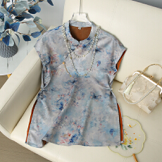 批发新中式<b class='q'>旗袍</b>上衣女夏季改良国风提花小衫<b class='q'>真丝</b>桑蚕丝印花短袖衬衫