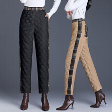 批发2025冬季羽绒棉裤拼接毛呢格纹长裤加厚保暖大码夹棉小脚<b class='q'>哈伦</b>裤女
