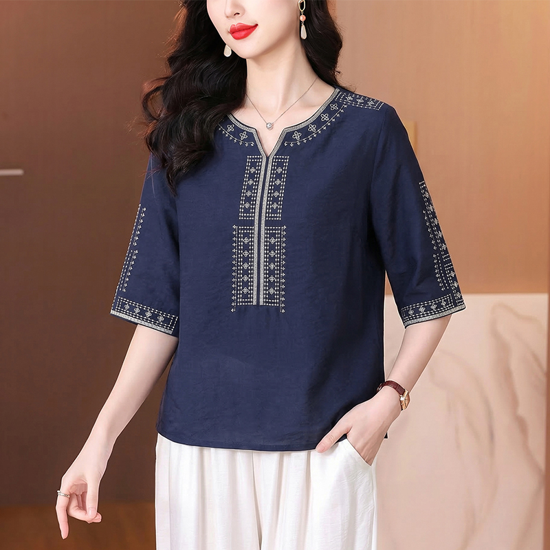 RY3626# 有货 2026夏季新中式国风绣花上衣休闲棉麻民族风刺绣短袖T恤小衫
