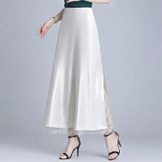 批发醋酸缎面蕾丝拼接半身裙女夏季2026新款高腰显瘦a字裙气质<b class='q'>长裙</b>子