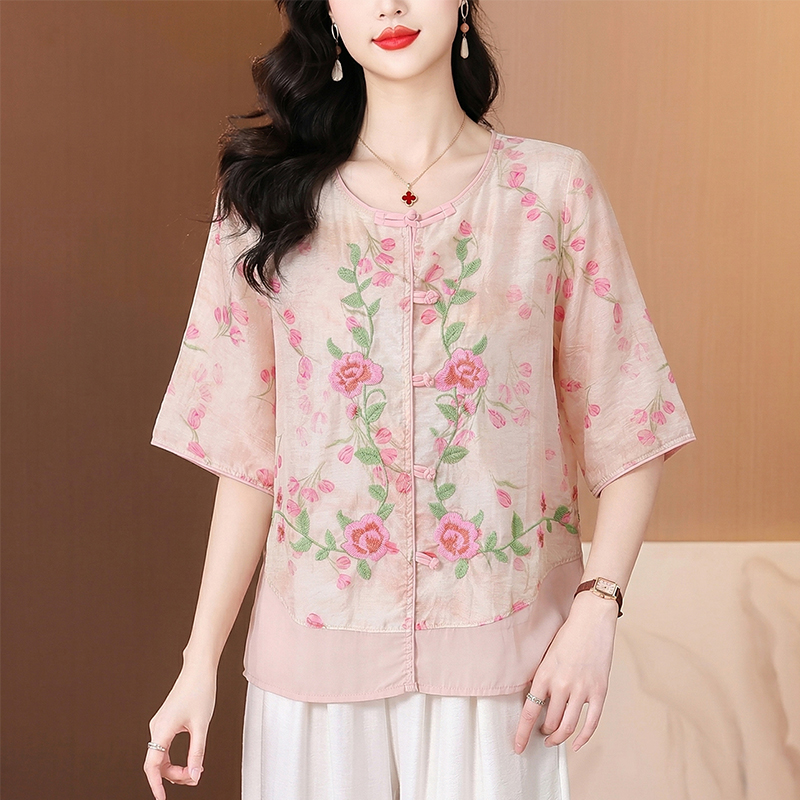 RY3625# 2026夏季新款新中式国风绣花小衫复古盘扣棉麻花色开衫上衣女
