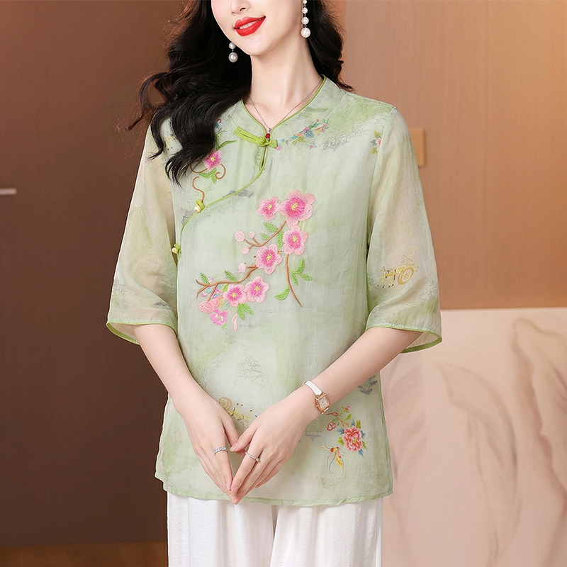 RY3624# 2026夏季新款新中式国风绣花上衣复古盘扣棉麻花色刺绣短袖小衫女