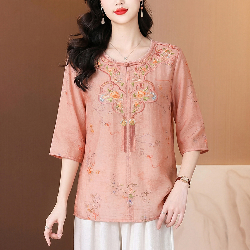 RY3623# 2026夏季新款新中式国风绣花上衣复古盘扣棉麻花色刺绣短袖小衫女