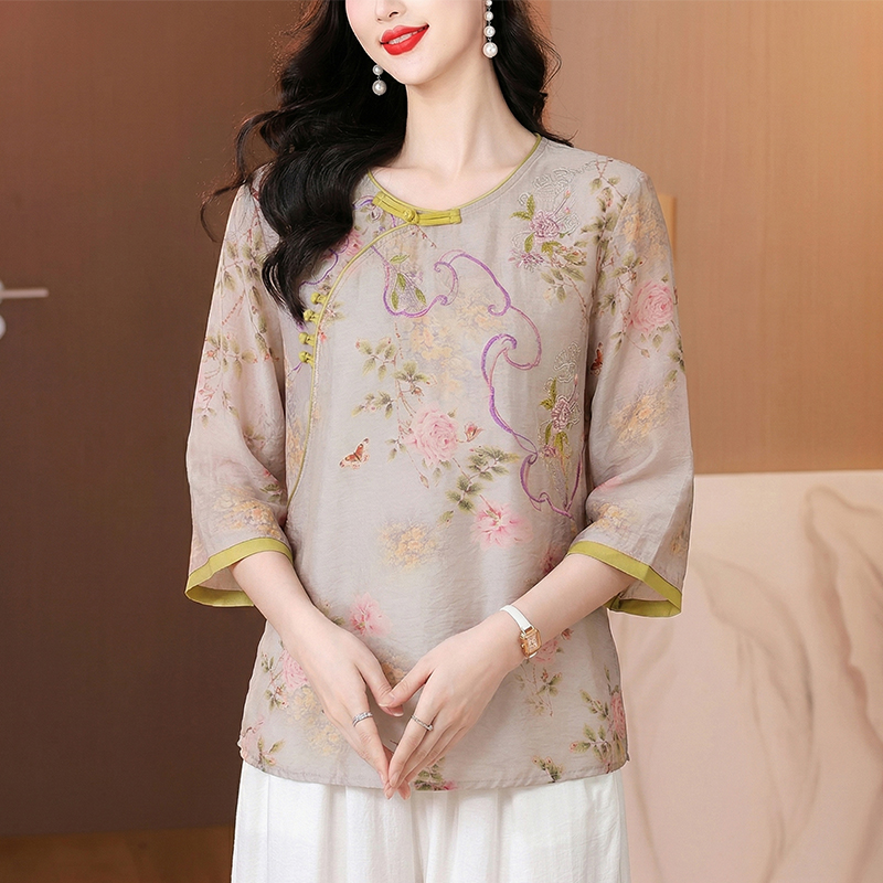 RY3622# 2026夏季新款新中式国风绣花上衣复古盘扣棉麻刺绣花色短袖...