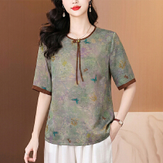 批发2026夏季新款新中式国风小衫中年<b class='q'>妈妈</b>复古盘扣提花短袖T恤上衣女