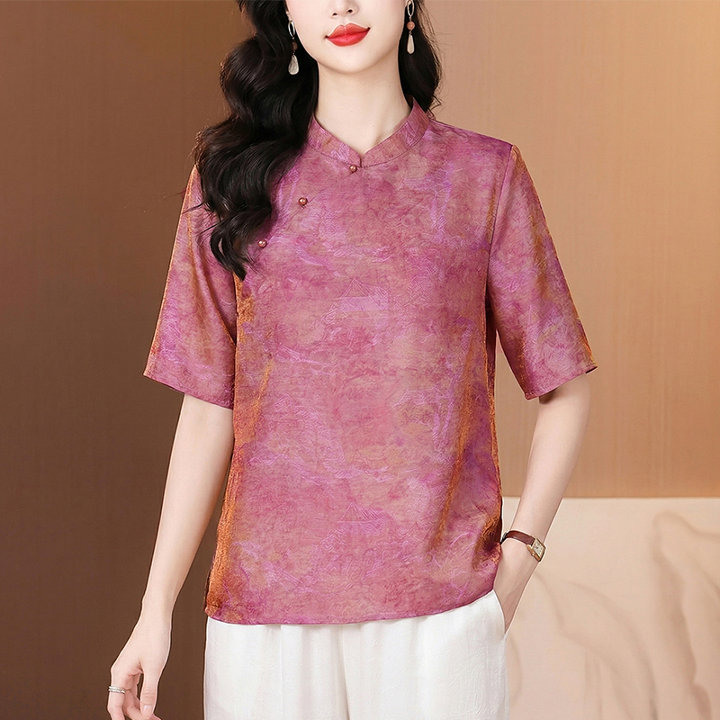 RY3621# 2026夏装新中式国风小衫浮光锦复古盘扣短袖上衣T恤中年妈...