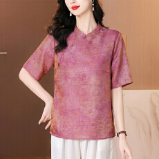 批发2026夏装新中式国风小衫浮光锦复古盘扣短袖上衣T恤中年<b class='q'>妈妈</b>女