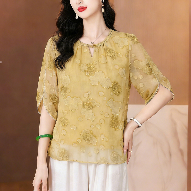 RY3620# 2026夏季新中式国风小衫中年妈妈浮雕提花设计感短袖T恤上...