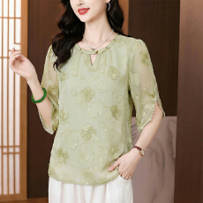 批发2026夏季新中式国风小衫中年<b class='q'>妈妈</b>浮雕提花设计感短袖T恤上衣女