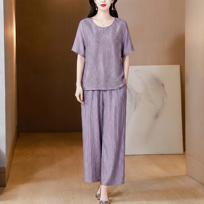 RY3618# 中年妈妈装2026夏装薄款套装阔太太洋气蕾丝拼接短袖阔腿裤...