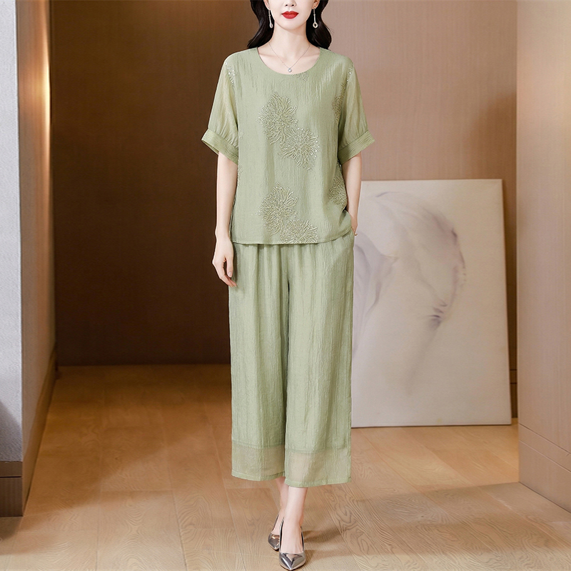 RY3617# 中老年妈妈高端刺绣苎麻套装女夏季2026新款女装轻薄短袖两...