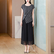 批发母亲节妈妈夏装条纹短袖上衣服阔腿裤两件套<b class='q'>中老年</b>女端庄大气套装