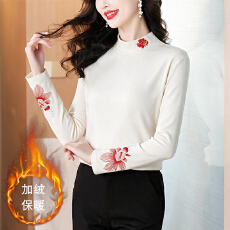 批发2026秋冬新中式国风长袖绣花<b class='q'>T</b><b class='q'>恤</b>上衣女民族风高领加绒保暖打底衫