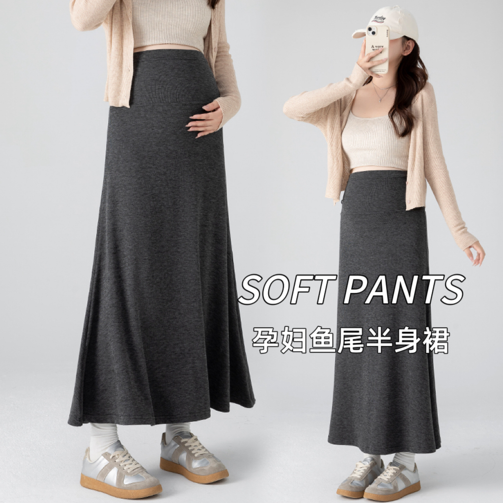실사 임산부 부드러운 찹쌀 반신 스커트 봄 임산부 반신 스커트 A라인 스커트 하이웨이스트 복부 지지 임산부 인어 꼬리 치마