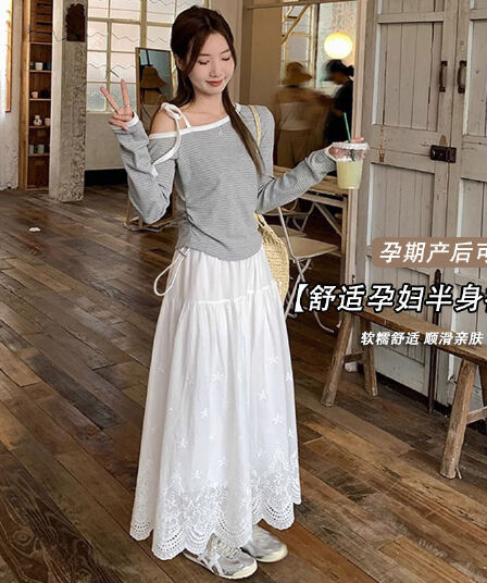지금 새로운 임산부 부드러운 바람 꽃 자수 화이트 반신 스커트 표지 넓적 다리 슬림해 보이는 중간 길이 다용도 A라인 스커트 여름