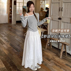 批发现新款孕妇温柔风花朵刺绣白色半身裙遮胯显瘦中长款百搭a字裙夏