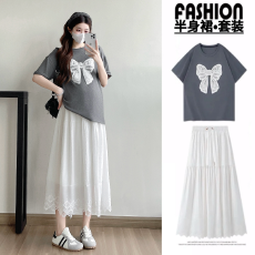 现实拍2026夏季新品纯棉上衣+无托腹半身短裙孕妇套装春季