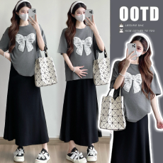 现实拍孕妇2026春夏季新品纯棉上衣+黑色百搭长款鱼尾半身裙套装