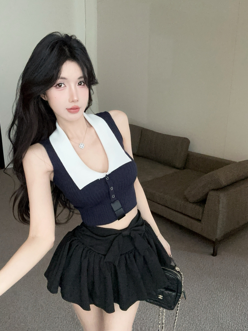 실사 정가 여름 새로운 핫걸 바람 디자인 센스 패치워크 색상 섹시함 기본 셔츠 민소매 맨위