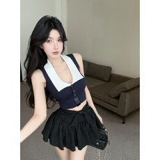 批发实拍实价 夏季新款辣妹风设计感拼色性感<b class='q'>打底衫</b>无袖上衣