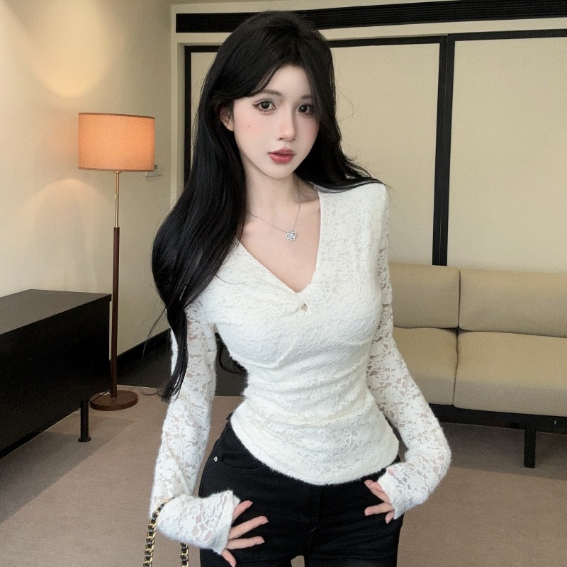 실사 정가 가을 겨울 새로운 고유 한 품격 레이스 몸매 가꾸기 순수한 욕망 바람 기본 셔츠