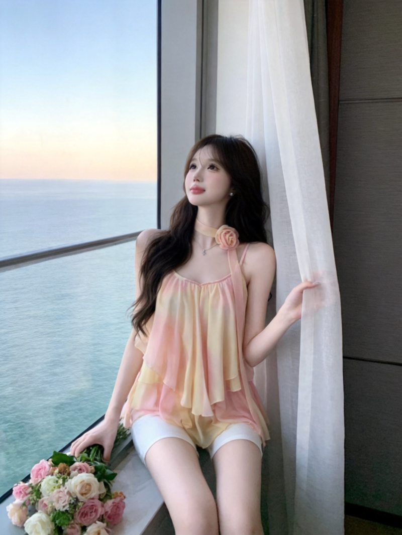 실사 정가 여름 새로운 핫걸 순수한 욕망 그라데이션 색상 쉬폰 톱