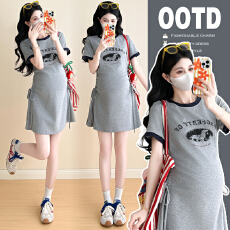 批发实拍2025夏季新款撞色孕妇装抽绳显瘦中长款短袖T恤连衣裙